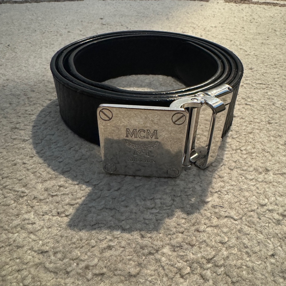 MCM Viseto Leather Belt black and Grey silver buckle 48” long